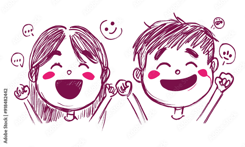 Dessin d'enfants heureux- garçon et fille souriants Dessin d'enfants heureux- garçon et fille souriants