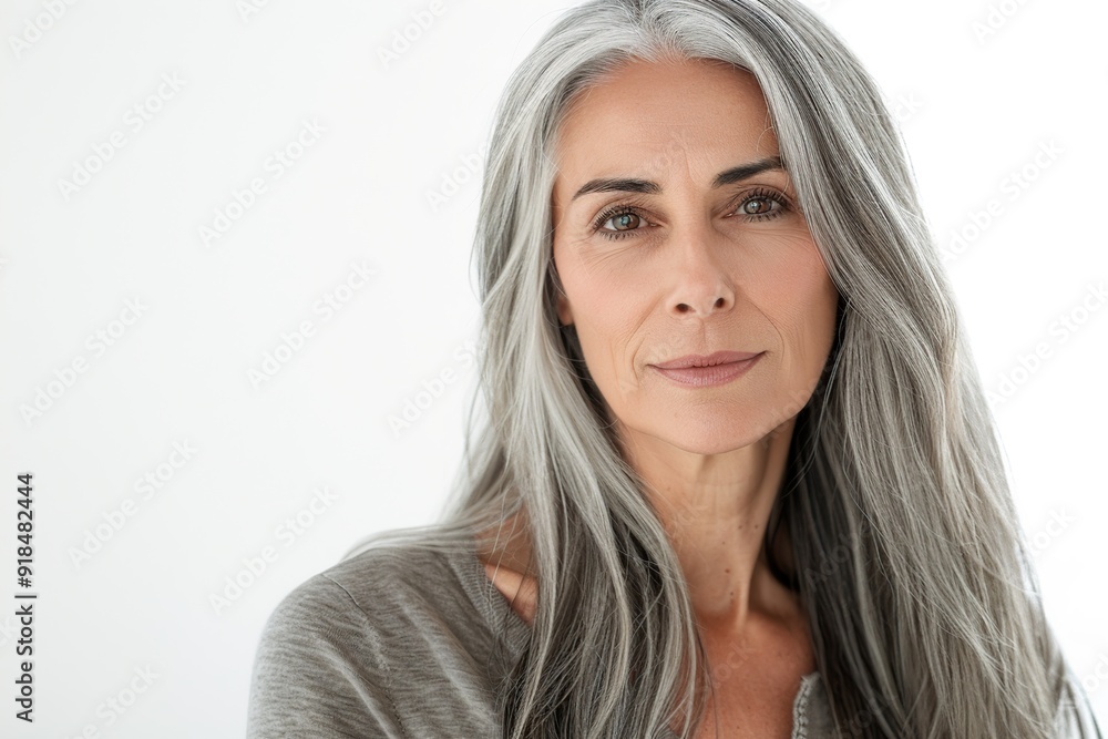 Portrait of attractive mature woman with long gray hair on white background Portrait of attractive mature woman with long gray hair on white background