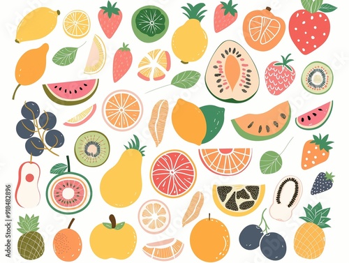 Set of various fruits simple illustration. AI generated