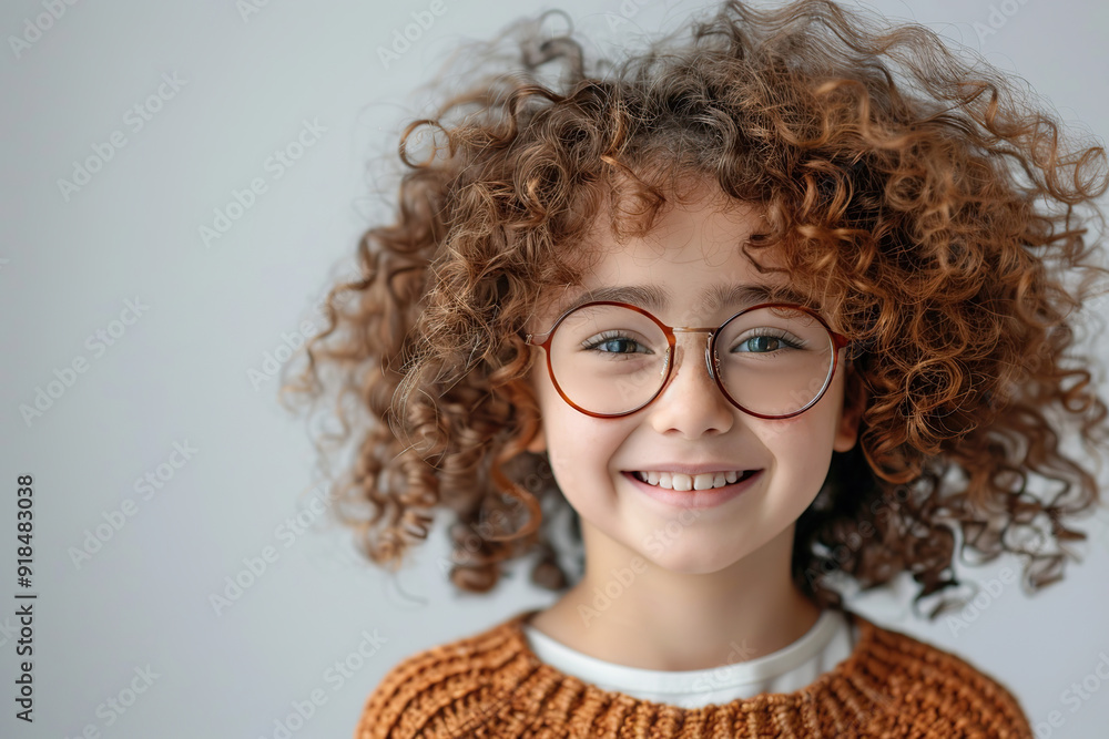 Cute little girl in eyeglasses with curly hair on grey background Cute little girl in eyeglasses with curly hair on grey background