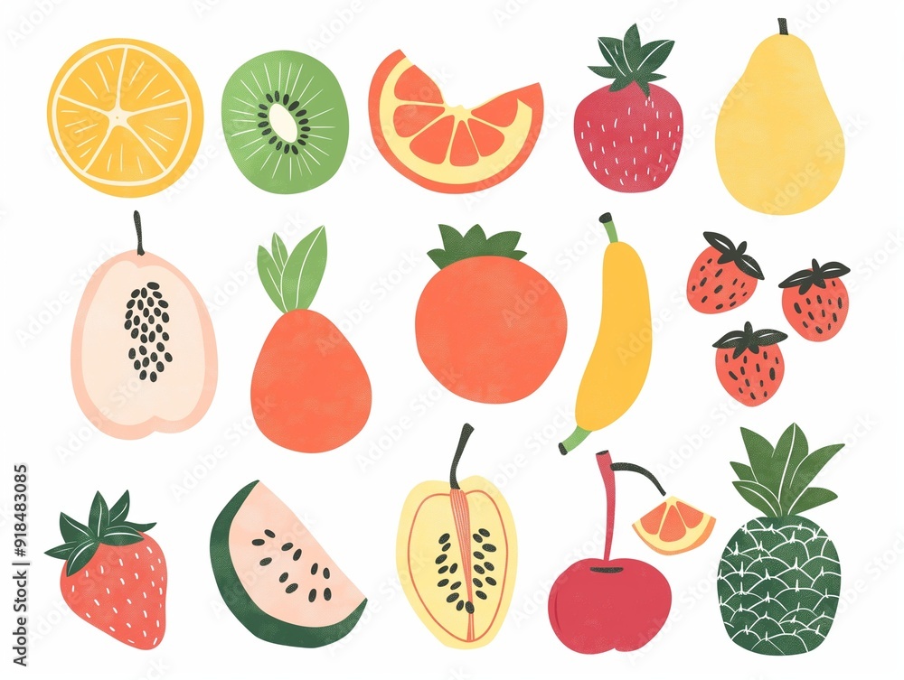Set of various fruits simple illustration. AI generated Set of various fruits simple illustration. AI generated