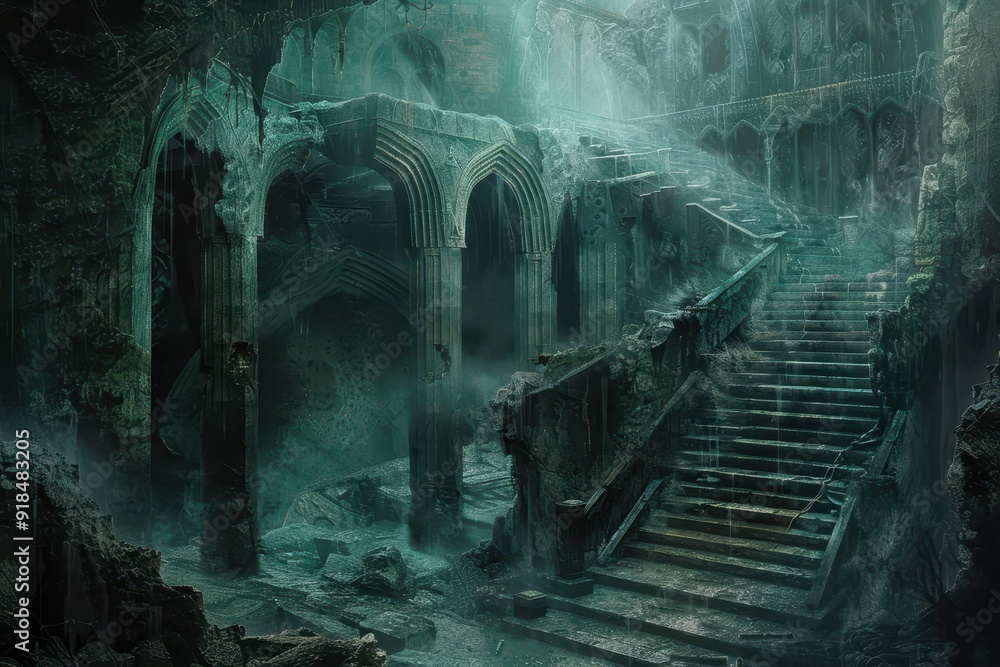 Ancient, Crumbling Castle Ruins in Gloomy Green Fog Ancient, Crumbling Castle Ruins in Gloomy Green Fog