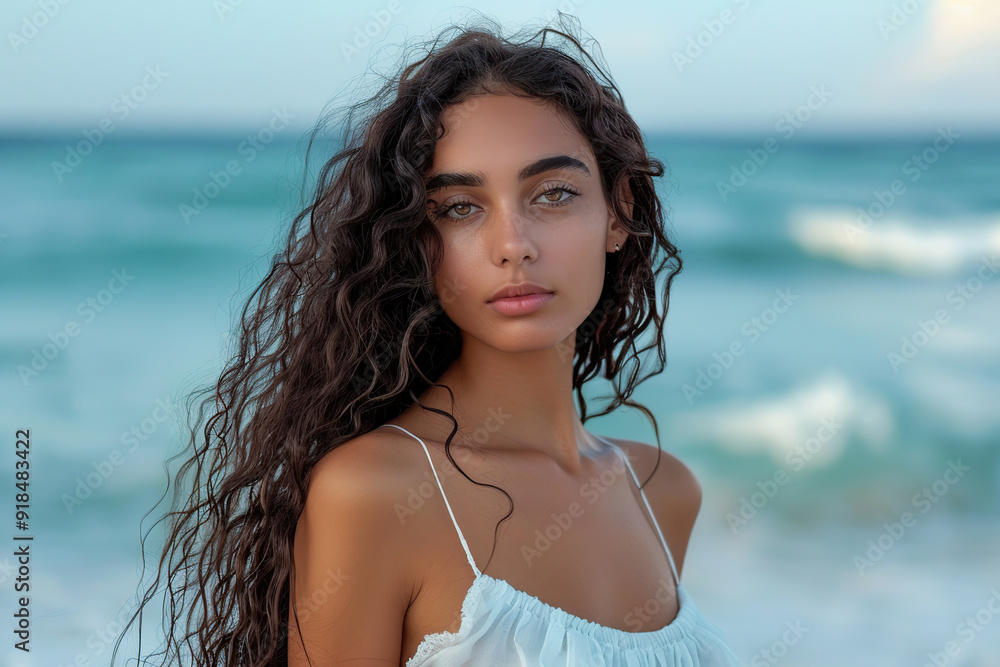 Cute attractive woman with curly hair on blurred ocean background Cute attractive woman with curly hair on blurred ocean background