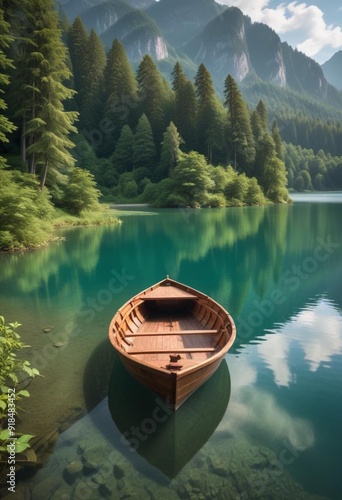 a single wooden rowboat floating on the glassy surface of a tranquil lake, surrounded by towering green cliffs shrouded in mist, evoking a sense of peace and solitude.