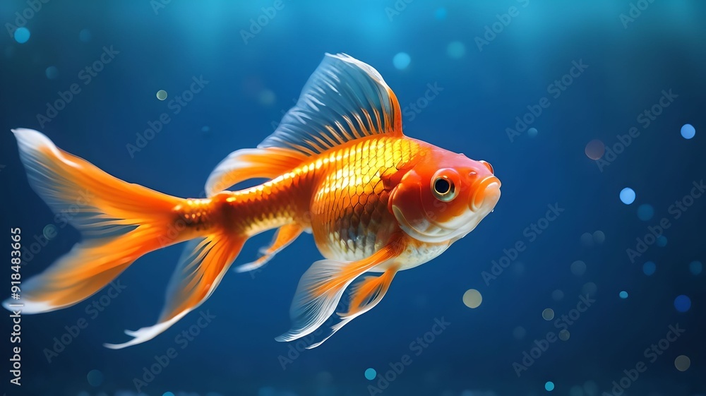 Fototapeta premium Vibrant goldfish swimming gracefully in a blue, bokeh-filled background, highlighting the beauty and tranquility of aquatic life. The colorful scene captures the essence of underwater serenity. 