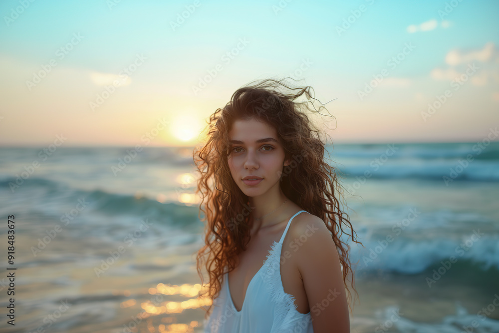 Cute attractive woman with curly hair on blurred ocean background Cute attractive woman with curly hair on blurred ocean background