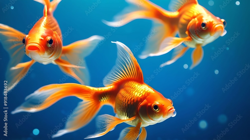 Naklejka premium Vibrant goldfish swimming gracefully in a blue, bokeh-filled background, highlighting the beauty and tranquility of aquatic life. The colorful scene captures the essence of underwater serenity.