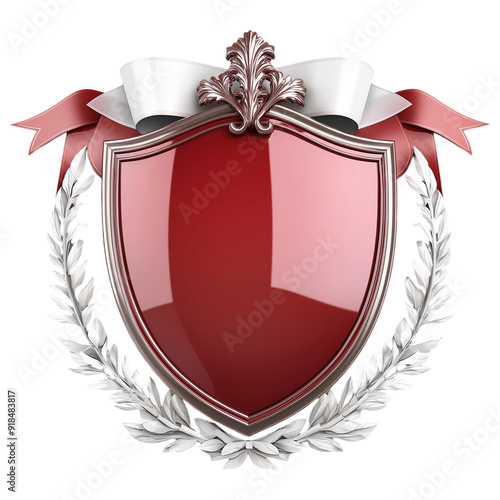 Elegant red shield with laurel leaves and ribbon on transparent background for heraldic design

 photo