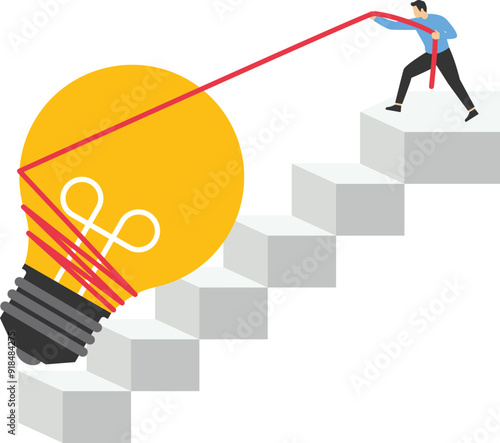 Businessman pulling lightbulb up stair case. Modern vector illustration in flat style

