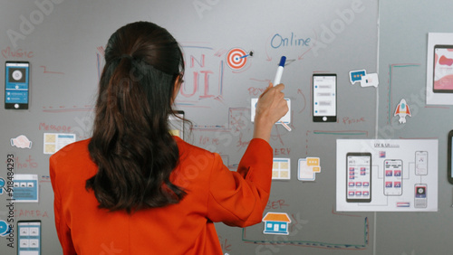 Beautiful asian businesswoman writing Ux and Ui design on board. Project manager looking at board while thinking about project. Woman working by using mind map sharing idea. Back view. Manipulator.