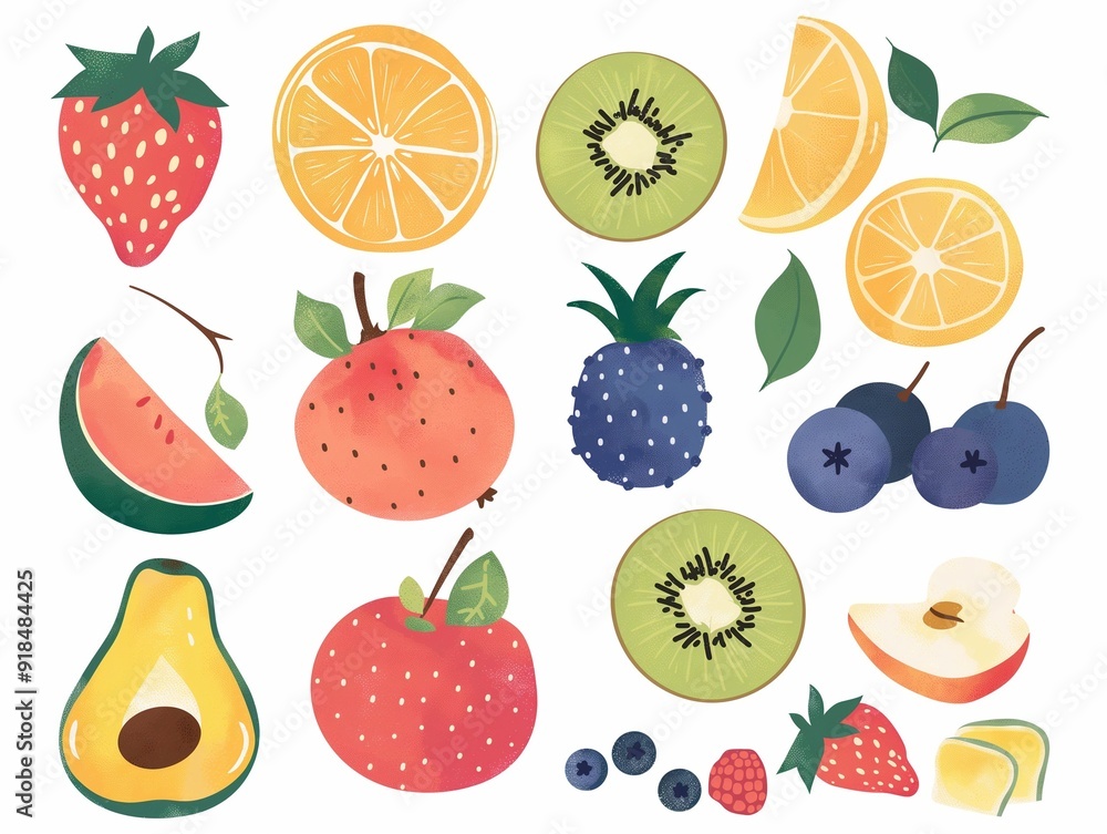Set of various fruits simple illustration. AI generated Set of various fruits simple illustration. AI generated