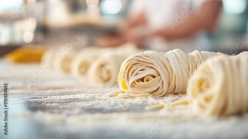 A detailed shot of several swirled dough rolls in a preparation phase, laid out on a floured surface, capturing the art and detail involved in baking. photo