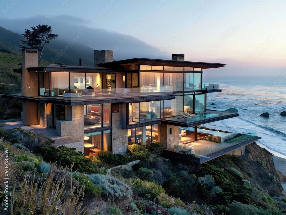 Fototapeta premium Coastal home with large windows and ocean views