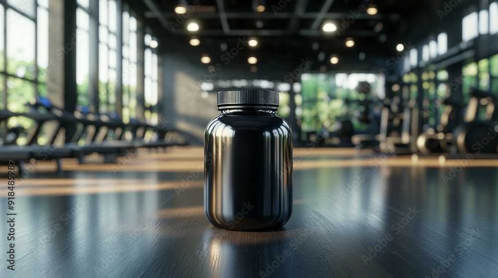 A black bottle of protein powder sits on a wooden table in a gym A black bottle of protein powder sits on a wooden table in a gym