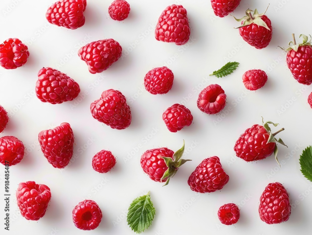 Fresh Raspberry on a white background, top view Fresh Raspberry on a white background, top view