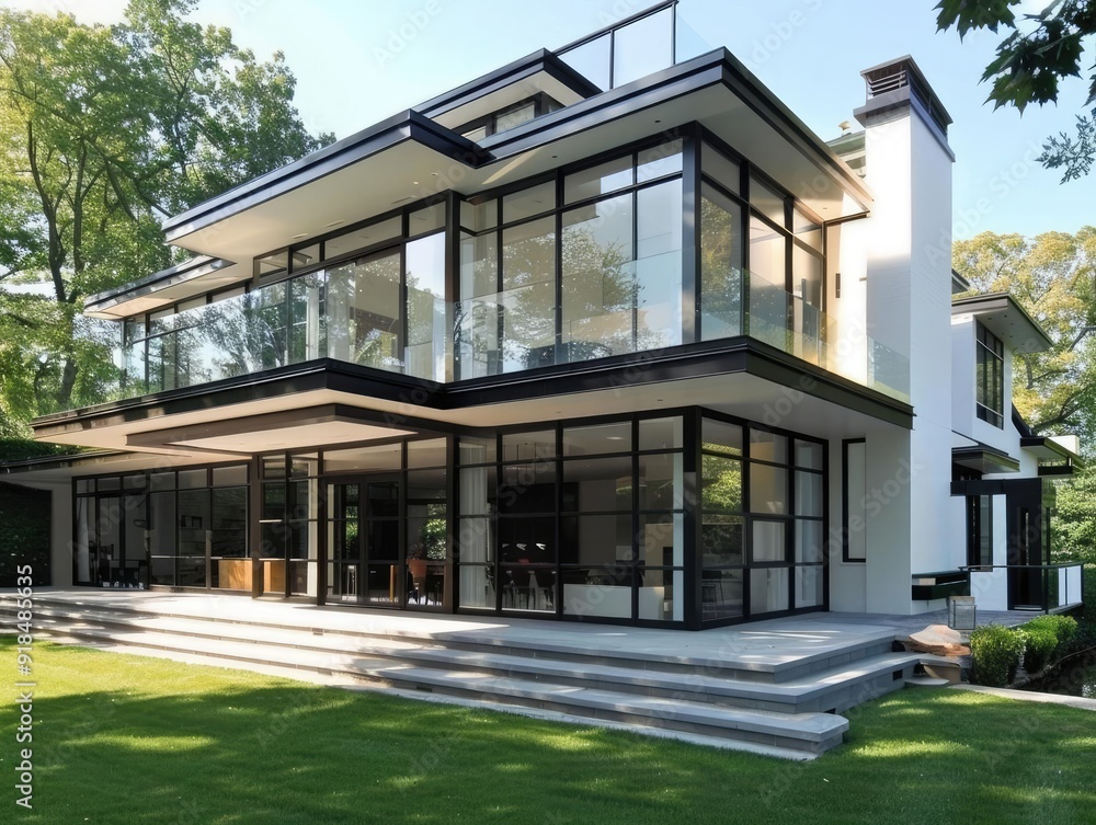 Minimalist house with large glass windows and clean lines Minimalist house with large glass windows and clean lines