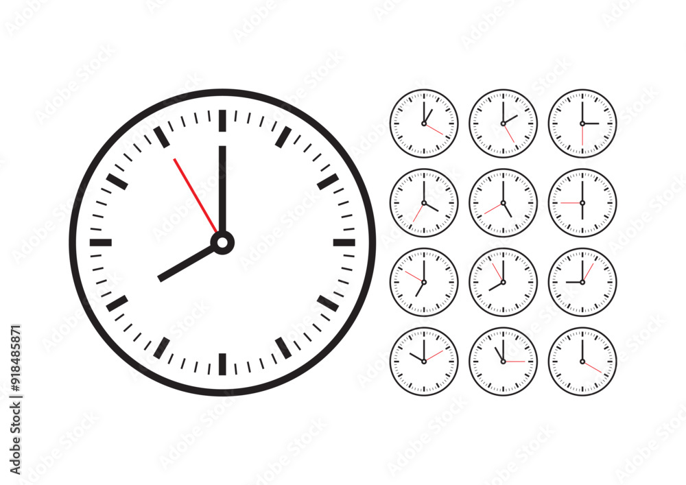twelve step analog clock set. elegant, simple analog clock concept. wall clock group with twelve options twelve step analog clock set. elegant, simple analog clock concept. wall clock group with twelve options