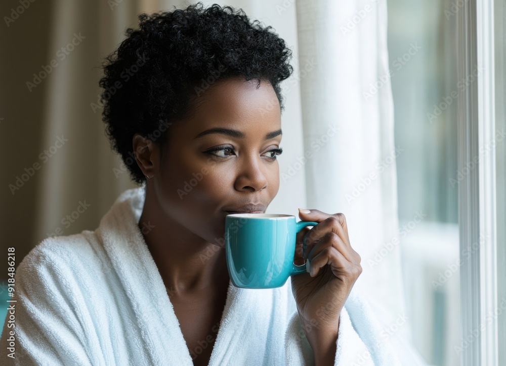 African American woman in her late thirties, wearing white bathrobe drinking coffee from blue mug African American woman in her late thirties, wearing white bathrobe drinking coffee from blue mug