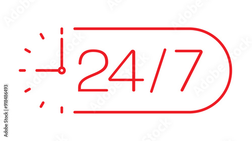 24-7 service logo on white background. red 24-7 concept. half analog clock and 24-7. 24 hours and 7 days