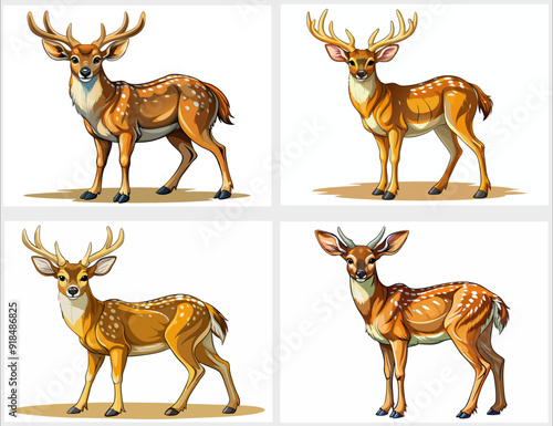 A collection of four cartoon-style illustrations of deer, showcasing different poses and expressions. Each deer has a unique design with spots and antlers, set against a simple background.