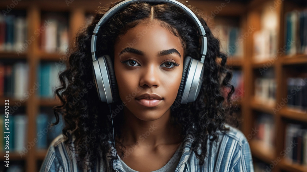 girl with headphones in the library girl with headphones in the library