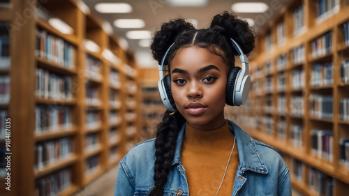 girl with headphones in the library