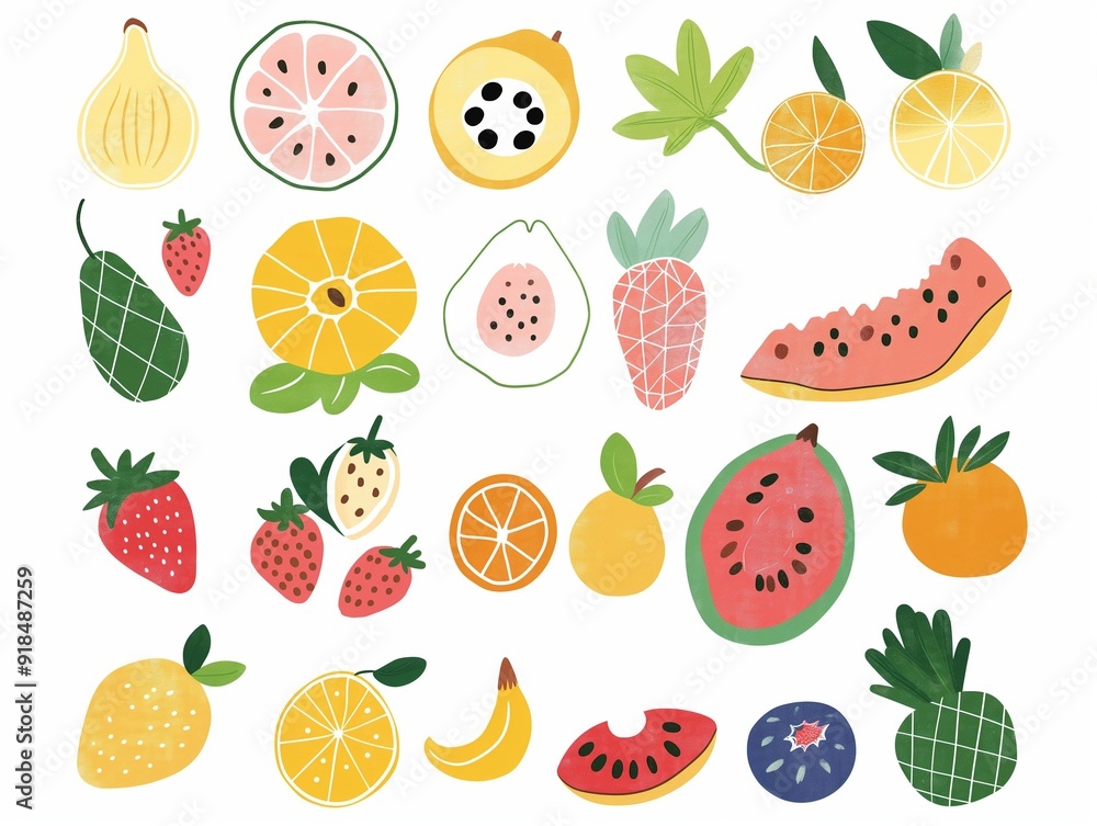 Set of various fruits simple illustration. AI generated Set of various fruits simple illustration. AI generated