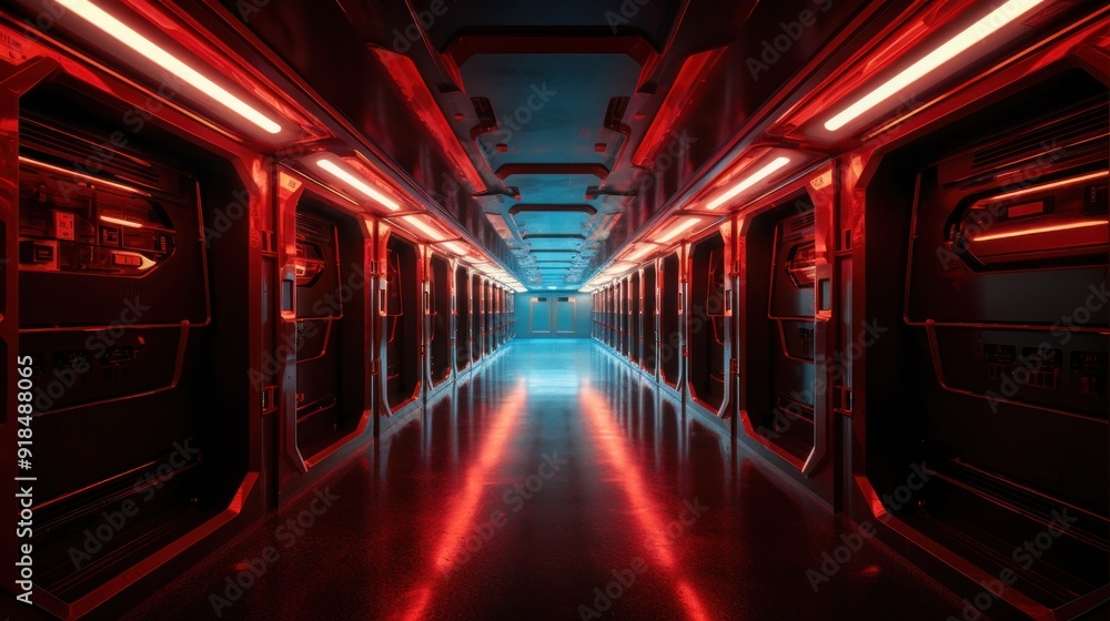 Futuristic Corridor with Red and Blue Neon Lights Futuristic Corridor with Red and Blue Neon Lights