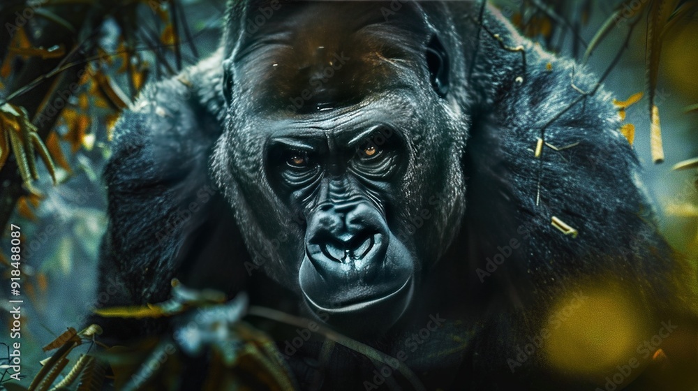 Close-up of gorilla's face amidst leafy background, blurred image of gorilla's face Close-up of gorilla's face amidst leafy background, blurred image of gorilla's face
