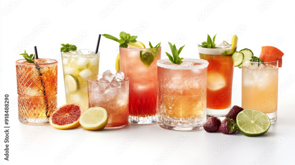 Assorted alcohol and mocktail cocktails, displayed in a variety of types and isolated on a white background with cutout images. Assorted alcohol and mocktail cocktails, displayed in a variety of types and isolated on a white background with cutout images.