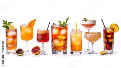 Assorted alcohol and mocktail cocktails, displayed in a variety of types and isolated on a white background with cutout images.