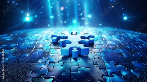 Symbols of jigsaw games Creativity, connection, challenge. on blue futuristic technology background. photo