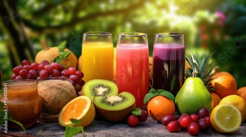 Fresh Fruit Juice with a Variety of Fruits on a Wooden Table