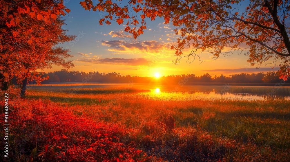 A vibrant sunset over a peaceful lake with trees covered in autumn foliage. The warm orange tones of the sky and water create a serene, tranquil landscape perfect for seasonal content. A vibrant sunset over a peaceful lake with trees covered in autumn foliage. The warm orange tones of the sky and water create a serene, tranquil landscape perfect for seasonal content.