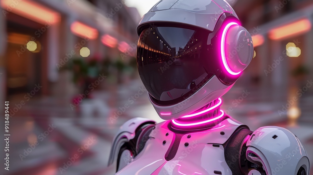 Humanoid robot in sleek futuristic design with glowing pink accents standing in modern architectural setting Humanoid robot in sleek futuristic design with glowing pink accents standing in modern architectural setting