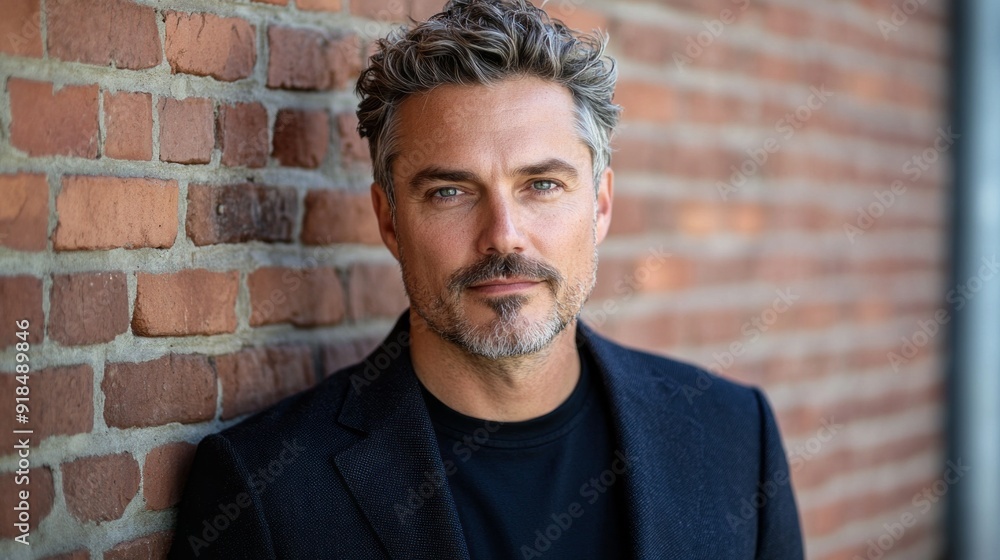 A man with a beard and gray hair is standing in front of a brick wall A man with a beard and gray hair is standing in front of a brick wall