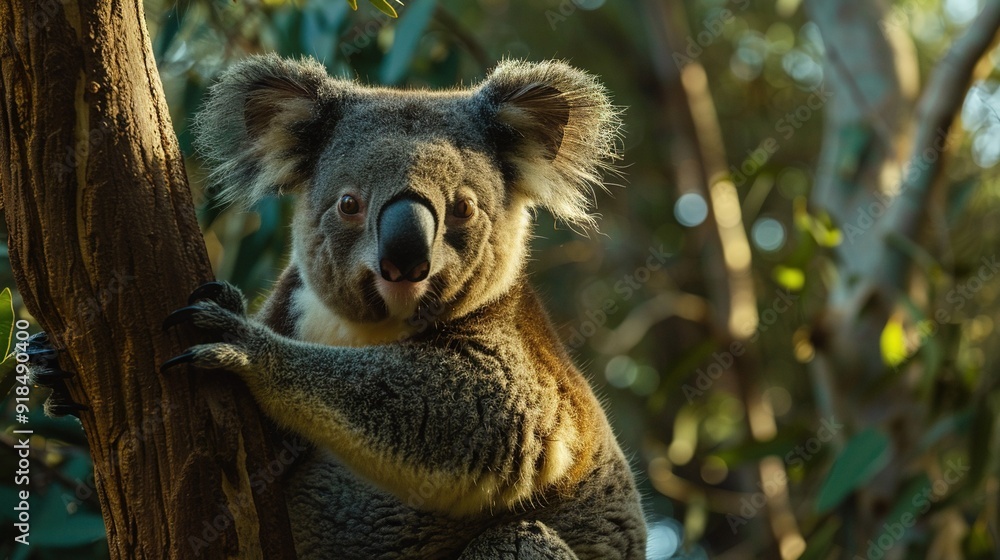 Fototapeta premium Koala on a tree with trees and sky in the background