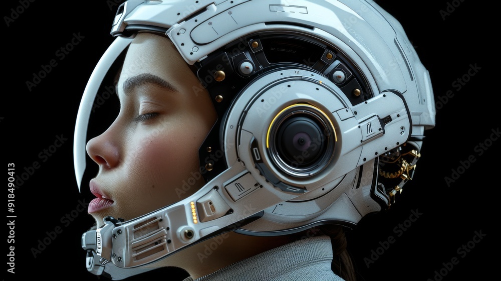 Side profile of a woman with a futuristic helmet showcasing advanced cybernetic technology Side profile of a woman with a futuristic helmet showcasing advanced cybernetic technology