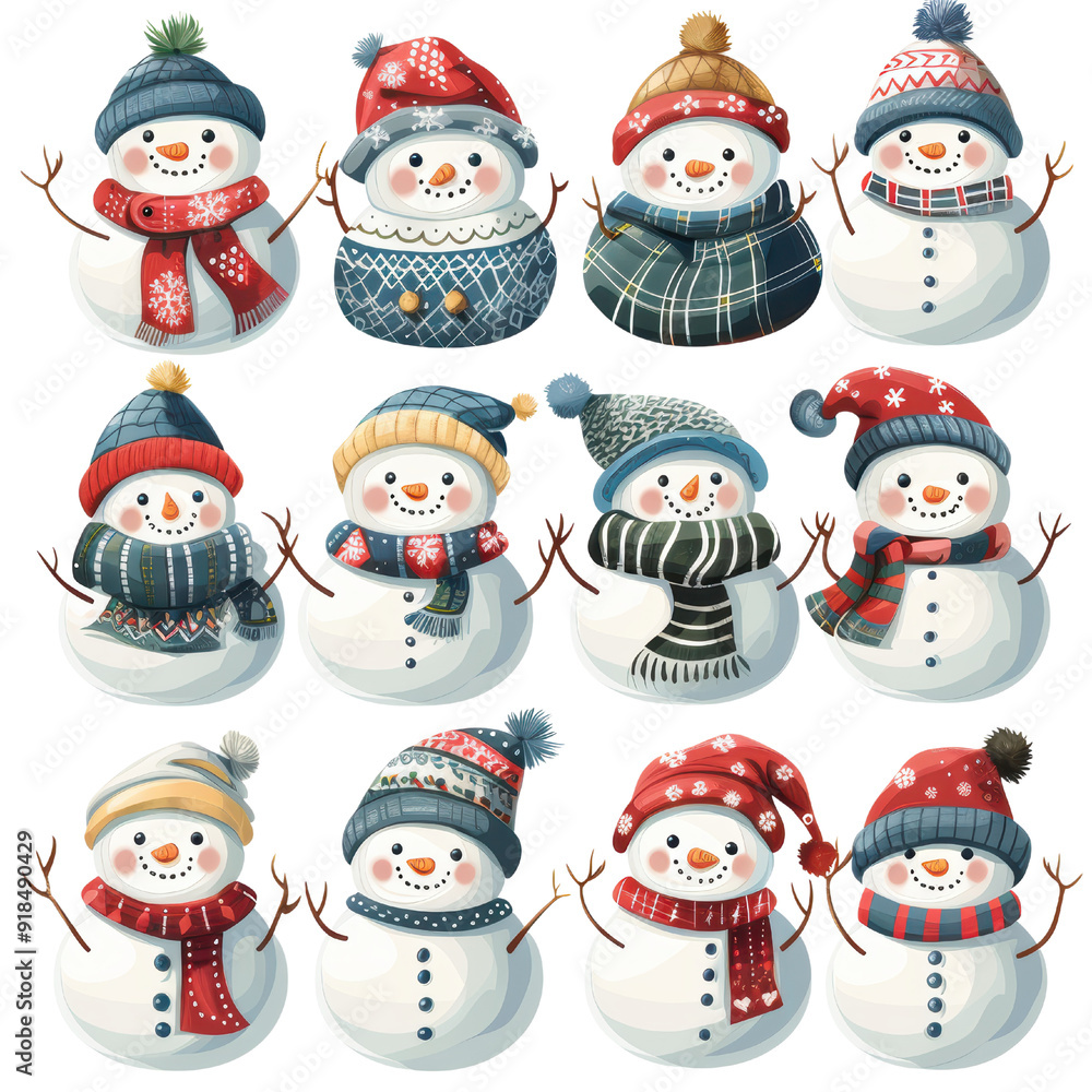 A cheerful collection of snowmen in various outfits, embracing the winter spirit. Perfect for festive holiday designs. A cheerful collection of snowmen in various outfits, embracing the winter spirit. Perfect for festive holiday designs.