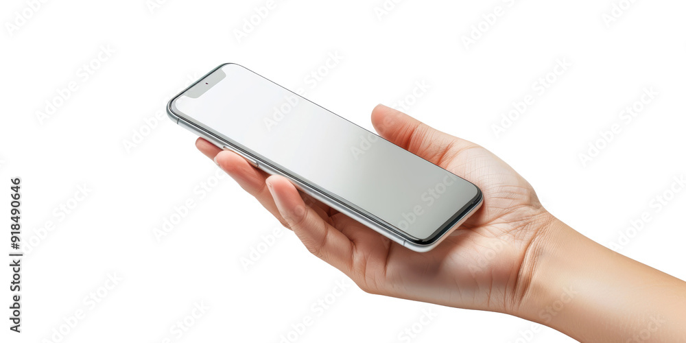 A hand holding a modern smartphone with a blank screen, ideal for showcasing mobile technology or user interface design. A hand holding a modern smartphone with a blank screen, ideal for showcasing mobile technology or user interface design.