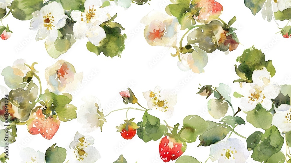 White flowers and strawberries painted in watercolors on a white background against a green backdrop, featuring a strawberry stem White flowers and strawberries painted in watercolors on a white background against a green backdrop, featuring a strawberry stem