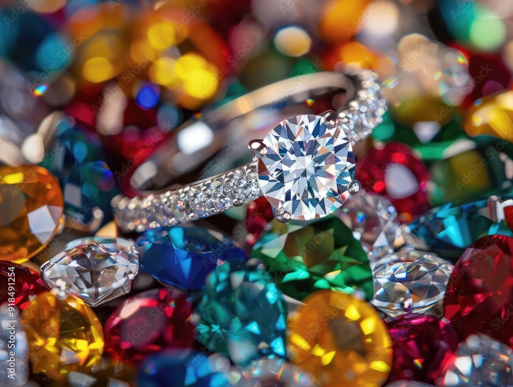 A diamond ring placed in a bed of colorful gemstones, highlighting its superior brilliance A diamond ring placed in a bed of colorful gemstones, highlighting its superior brilliance