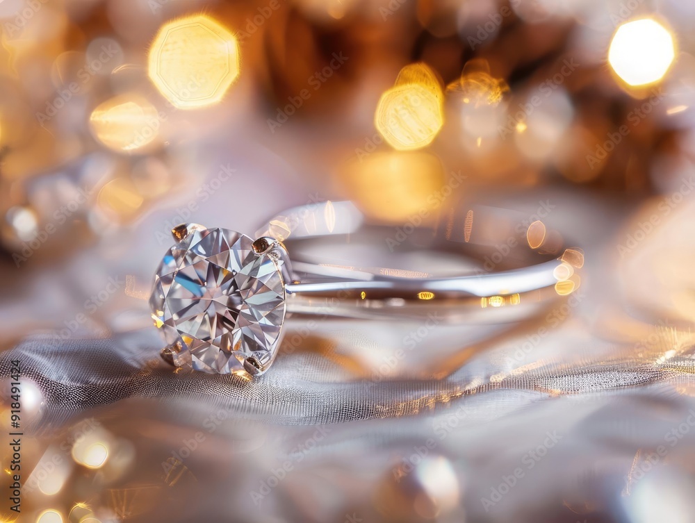 A diamond ring with a blurred background of wedding decorations, hinting at an engagement or wedding A diamond ring with a blurred background of wedding decorations, hinting at an engagement or wedding