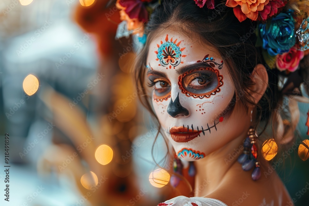 Young woman with sugar skull makeup, parade in Mexico city, makeup for day of the dead Young woman with sugar skull makeup, parade in Mexico city, makeup for day of the dead