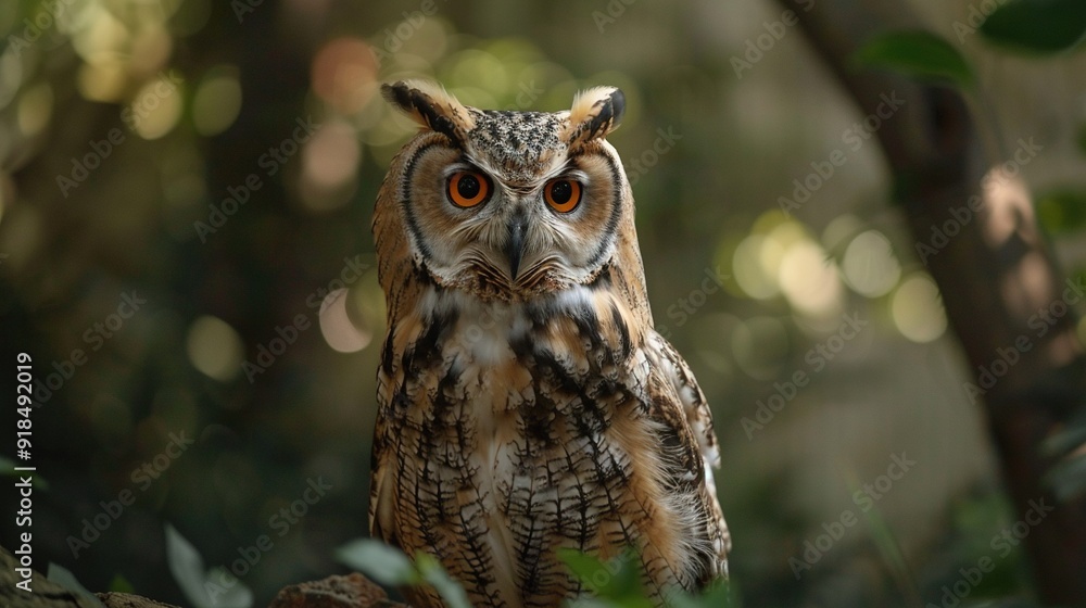 A high-resolution image of a close-up owl perched on a tree branch surrounded by dense forest foliage A high-resolution image of a close-up owl perched on a tree branch surrounded by dense forest foliage