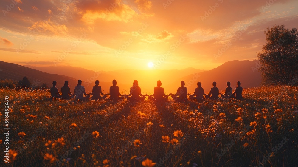 A group of people are sitting in a field with the sun setting behind them A group of people are sitting in a field with the sun setting behind them
