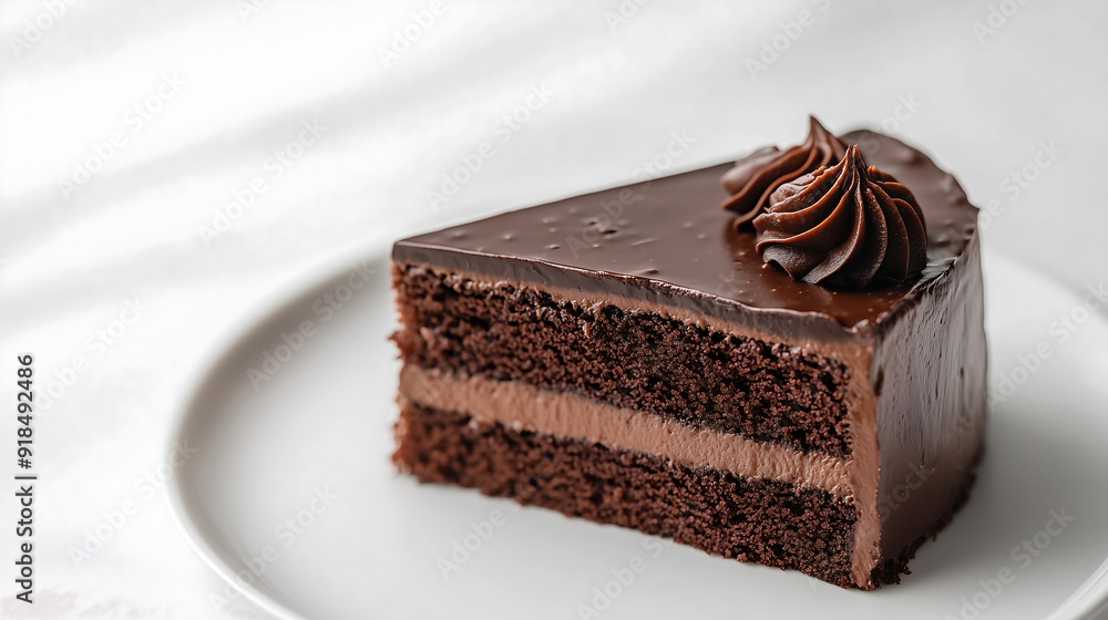 A single slice of chocolate cake, rich and creamy, on a pristine white background A single slice of chocolate cake, rich and creamy, on a pristine white background