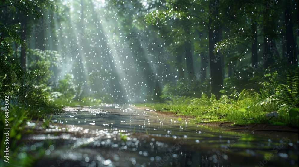 Obraz premium Image of the forest trail atmosphere with light rain falling. Create a shady and quiet atmosphere