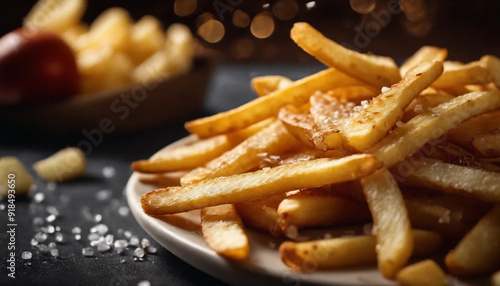 Golden French fries potatoes with salt on a black background