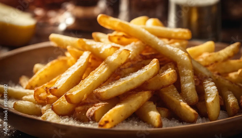 Golden French fries potatoes with salt on a black background